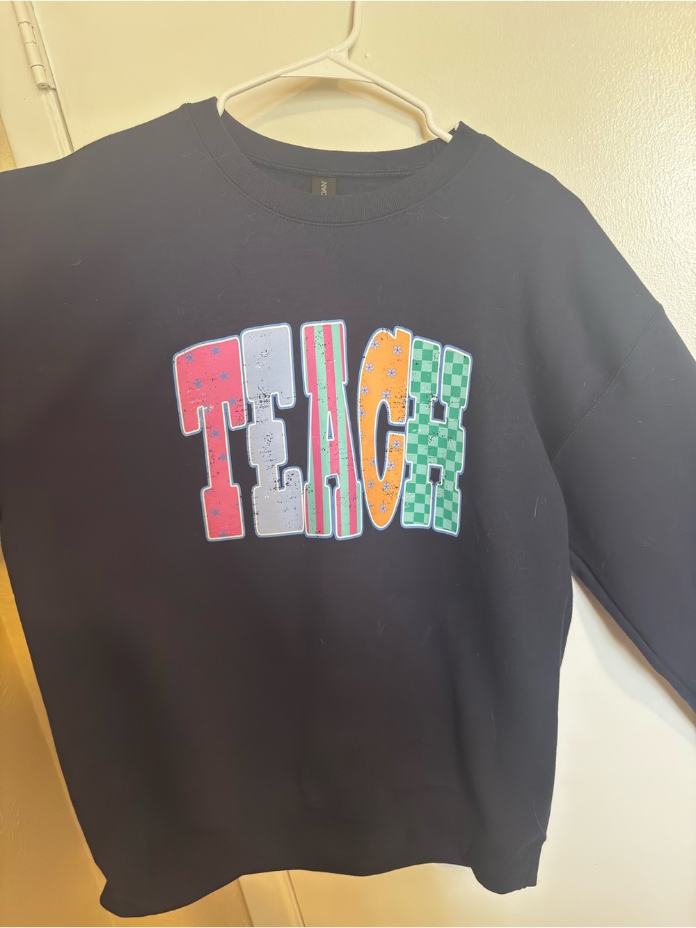 Navy "Teach" Graphic Crewneck Sweater - Multicolor Lettering